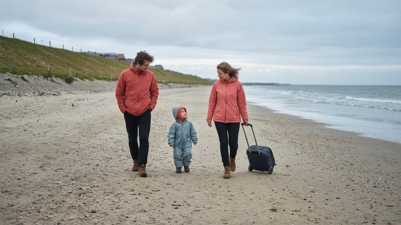 Familie mit Kleinkind am windigen Nordseestrand unter einem Deich